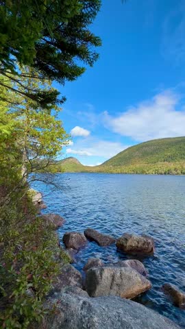 Glistening Waters of Jordan Pond with Rocks and Rolling Green Mountains (Acadia National Park, Maine, USA)