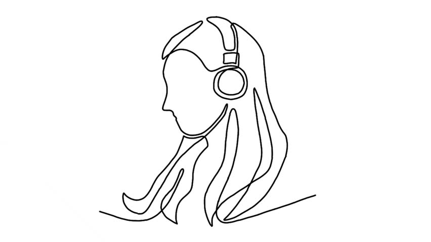 continuous line animation of beautiful girl listening music in headphones