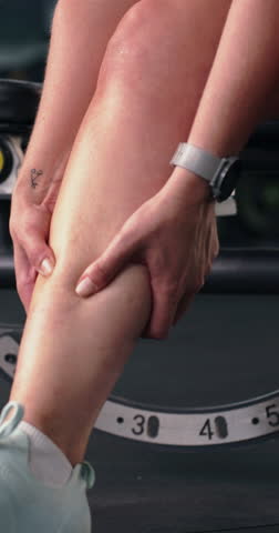 Leg injury, hands and person in gym, fitness and muscle tension with health crisis. Closeup, fibromyalgia and athlete in wellness center, sports accident and exercise with pain and joint inflammation