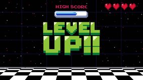 Level up screen. Retro pixel arcade machine 8 bit monitor press start play button vintage console 1980s.	
 - Powered by Shutterstock - Get 15% off with code: PIKWIZARD15