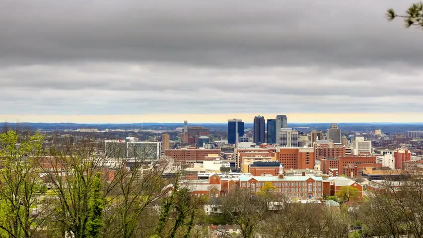 Birmingham city skyline under a cloudy sky, showcasing modern buildings and urban landscape, perfect for travel, cityscape, and architecture projects.