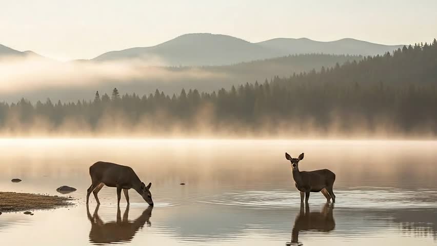 A peaceful wildlife scene featuring two deer standing in shallow water at a misty mountain lake during sunrise. One deer drinks calmly while the other watches, surrounded by soft fog, forest silhouettes, and warm morning light. This tranquil nature video is ideal for wildlife documentaries, environmental themes, meditation visuals, natural landscapes, and cinematic storytelling.