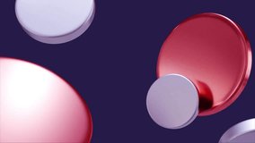 3D metallic discs in red, silver, and blue float and rotate slowly against a dark purple background in a smooth, looped animation. 3D motion graphic background animation. - Powered by Shutterstock - Get 15% off with code: PIKWIZARD15