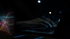 Futuristic hands typing on laptop with hologram data stream and binary code, concept of cyber security, big data analytics, artificial intelligence programming, or internet hacking in the dark. - Powered by Shutterstock - Get 15% off with code: PIKWIZARD15