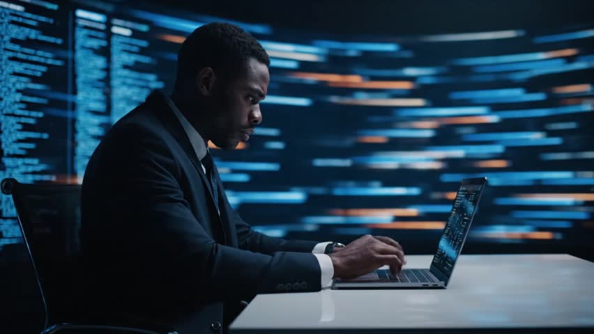 A serious businessman or developer in a suit coding on a laptop in front of large screens displaying digital data.