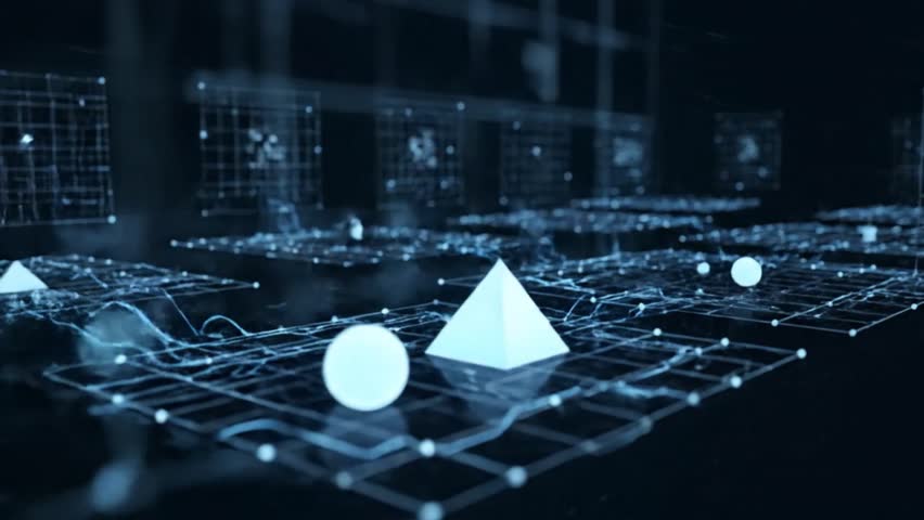 Abstract composition of glowing cubes and pyramids on a tactical digital landscape representing virtual reality or data design.