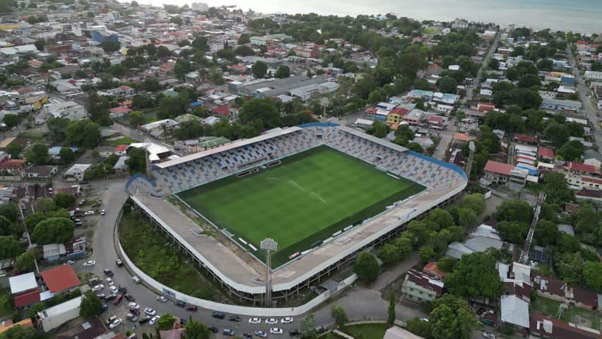 Aerial View of Soccer Stadium with Hybrid Grass in La Ceiba, Honduras, Sports Infrastructure