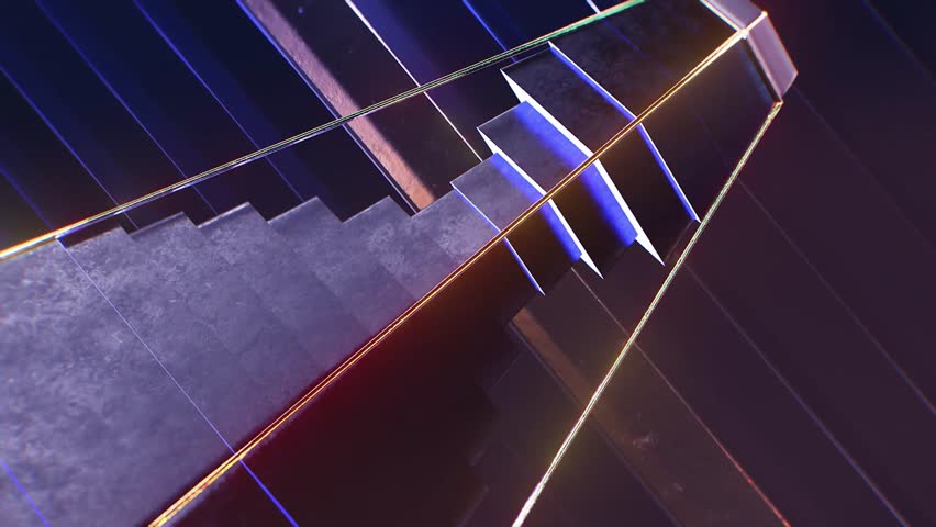 This 4K video features a 3D digital rendering of geometric shapes arranged as architectural stairs. The visual documents a high-contrast environment illuminated by vibrant blue and orange neon light sources. The composition highlights sharp angular planes and soft light diffusion, capturing a modern, cyberpunk-inspired aesthetic through deep shadows, luminous reflections, and high-resolution geometric depth.