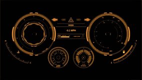 Animated futuristic car speedometer with moving needle displaying increasing speed in miles per hour. High-tech digital dashboard HUD interface with glowing orange elements on dark background. The speed indicator needle smoothly rotates to show acceleration and performance, representing fast driving, racing, power, and advanced automotive technology. Ideal for futuristic vehicle concepts, racing visuals, automotive presentations, UI UX motion graphics, smart car systems, sci-fi dashboards, and transportation technology videos - Powered by Shutterstock - Get 15% off with code: PIKWIZARD15