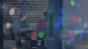 Animation of network of connections with icons over diverse business people talking. Global business and digital interface concept digitally generated video. - Powered by Shutterstock - Get 15% off with code: PIKWIZARD15