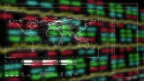 Animation of digital clock, glowing map, graph and programming language over trading board. Digitally generated, hologram, geography, countdown, stock market, finance and technology. - Powered by Shutterstock - Get 15% off with code: PIKWIZARD15
