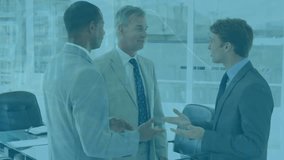 Animation of financial data processing over three diverse businessmen discussing at office. Global finance and business technology concept - Powered by Shutterstock - Get 15% off with code: PIKWIZARD15