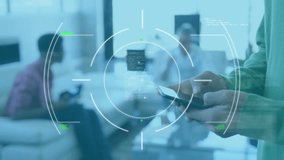 Animation of scope and data processing over caucasian businessman using smartphone. Global business, finance, computing and data processing concept digitally generated video. - Powered by Shutterstock - Get 15% off with code: PIKWIZARD15