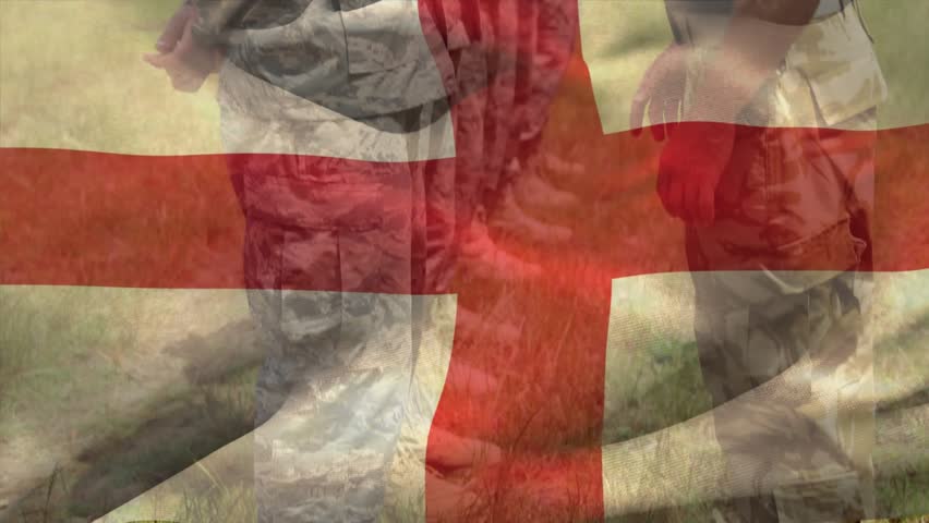 Animation of flag of england over diverse male soldiers. Patriotism, armed forces and national defence concept digitally generated video.