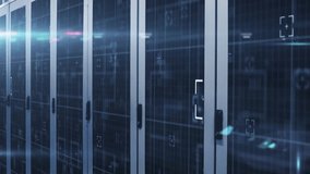 Animation of rotating globe with lens flares and viewfinders over data server racks in server room. Digital composite, multiple exposure, globalization, data center, networking, technology concept. - Powered by Shutterstock - Get 15% off with code: PIKWIZARD15