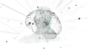 3D wireframe head starting rotation in tech grid revealing brain mesh with floating data nodes. Futuristic, neural, technology, artificial, visualization, digital, innovation - Powered by Shutterstock - Get 15% off with code: PIKWIZARD15
