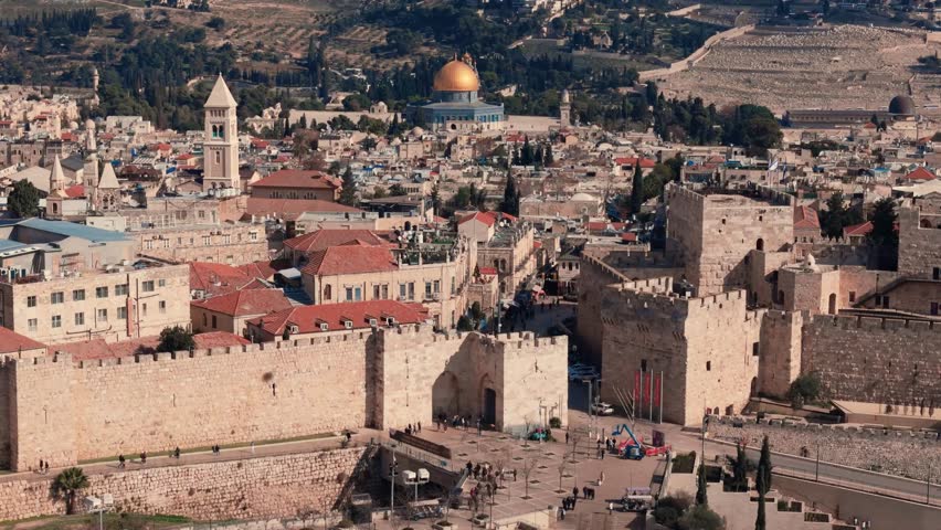 Historic Jaffa Gate and Temple Mount Jerusalem Drone View