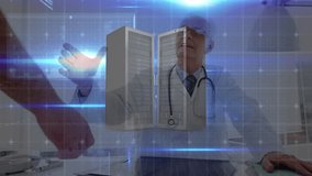 Data processing and computer servers against caucasian male senior doctor shaking hands at hospital. Medical healthcare and technology concept - Powered by Shutterstock - Get 15% off with code: PIKWIZARD15