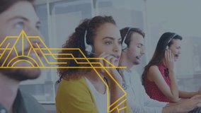Animation of shapes over diverse business people using phone headsets in office. Global business and digital interface concept digitally generated video. - Powered by Shutterstock - Get 15% off with code: PIKWIZARD15