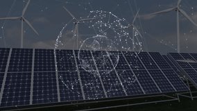 Animation of globe of connections and data processing over wind turbines and solar panels. Global technology, connections and digital interface concept digitally generated video. - Powered by Shutterstock - Get 15% off with code: PIKWIZARD15