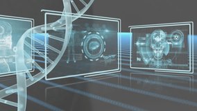 Animation of dna strand spinning and scientific data processing on black background. Internet security data processing connections and digital interface concept digitally generated video. - Powered by Shutterstock - Get 15% off with code: PIKWIZARD15