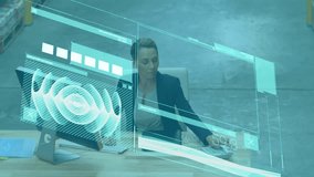 Animation of data processing and analysing on screen over cityscape. Global finance business and digital interface concept digitally generated video. - Powered by Shutterstock - Get 15% off with code: PIKWIZARD15