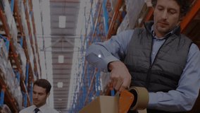 Animation of network of connections with icons over diverse workers in warehouse. Global shipping, delivery and connections concept digitally generated video. - Powered by Shutterstock - Get 15% off with code: PIKWIZARD15