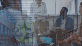 Animation of statistical data processing over diverse colleagues with documents discussing at office. Business data technology concept - Powered by Shutterstock - Get 15% off with code: PIKWIZARD15