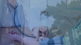 Animation of covid 19 virus data processing over female doctor with patient. Global covid 19 pandemic, healthcare, computing, connections and data processing concept digitally generated video. - Powered by Shutterstock - Get 15% off with code: PIKWIZARD15