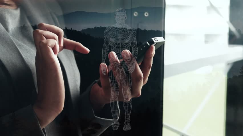 Animation of digital human model and landcape over businesswoman. global business, data processing and digital interface concept digitally generated video.
