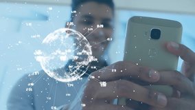 Animation of globe and data processing over midsection of man using smartphone. network, connections, technology and data processing concept digitally generated video. - Powered by Shutterstock - Get 15% off with code: PIKWIZARD15