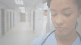 Network of profile icons over african american female health worker standing in the hospital. Medical healthcare and technology concept - Powered by Shutterstock - Get 15% off with code: PIKWIZARD15