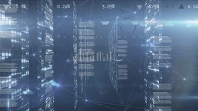 Animation of connecting dots with icons, world map and data processing in server room. Digital composite, global business, technology, connection, networking, data center, programming language. - Powered by Shutterstock - Get 15% off with code: PIKWIZARD15