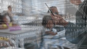 Animation of looping binary codes over midsection of female teacher teaching with tablet to students. Digital composite, multiple exposure, education, coding, technology and school concept. - Powered by Shutterstock - Get 15% off with code: PIKWIZARD15