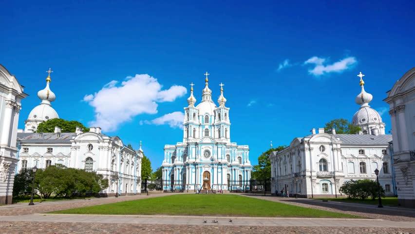 Smolny Cathedral close-up on cloudy afternoon day. Unique urban landscape center Saint Petersburg. Central historical sights city. Top tourist places in Russia. Capital Russian EmpireSt. Petersburg, Russia, Resurrection cathedral of Resurrection Novodevichiy Smolniy cloisterlandmarks, outdoor, saint-petersburg, naval, background, front, stucco, beautiful, entrance, sunny, footpath, large, tree, history, paving, cupola, tourism, saint petersburg, cityscape, christian, landscape, travel, blue, smolny, monastery, religion, cross, column, baroque, famous, architecture, cathedral, orthodox, decoration, landmark, white, russia, building, dome, church, christianity, city, day, style, temple, resurrection, bell, rastrelli, old, petersburg