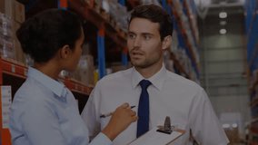 Animation of network of connections over diverse workers in warehouse. Global business and digital interface concept digitally generated video. - Powered by Shutterstock - Get 15% off with code: PIKWIZARD15