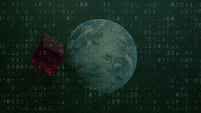 Animation of financial data processing with dice and globe over dollar bill and fire. Global finances, computing and digital interface concept digitally generated video. - Powered by Shutterstock - Get 15% off with code: PIKWIZARD15