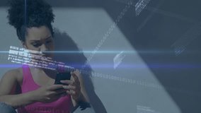 Animation of financial data processing and binary coding over woman using smartphone. Global business, finance and data processing concept digitally generated video. - Powered by Shutterstock - Get 15% off with code: PIKWIZARD15