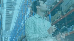 Animation of financial data processing over man working in warehouse. Global shipping, computing, business, finance and data processing concept digitally generated video. - Powered by Shutterstock - Get 15% off with code: PIKWIZARD15