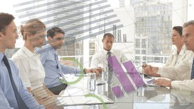 Animation of financial data processing over diverse business people having meeting at office. Global business, finances and digital interface concept digitally generated video. - Powered by Shutterstock - Get 15% off with code: PIKWIZARD15