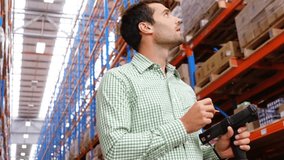 Animation of network of digital icons over caucasian male supervisor checking stock at warehouse. Global networking and logistics business technology concept - Powered by Shutterstock - Get 15% off with code: PIKWIZARD15