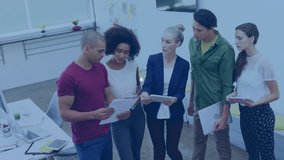 Animation of network of connections with icons over diverse business people having meeting at office. Global business, connections and digital interface concept digitally generated video. - Powered by Shutterstock - Get 15% off with code: PIKWIZARD15