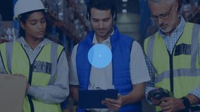 Animation of network of connections with icons over diverse workers in warehouse. global business, connections and digital interface concept digitally generated video. - Powered by Shutterstock - Get 15% off with code: PIKWIZARD15