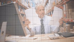 Animation of data processing over caucasian male supervisor reading documents at the warehouse. Logistics business and technology concept - Powered by Shutterstock - Get 15% off with code: PIKWIZARD15