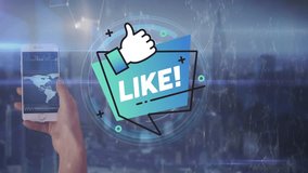 Social media text banner and hand holding a smartphone over digital interface with data processing. Social media networking and business technology concept - Powered by Shutterstock - Get 15% off with code: PIKWIZARD15