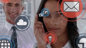 Animation of network of connections and icons over diverse business people. Global finances, business and digital interface concept digitally generated video. - Powered by Shutterstock - Get 15% off with code: PIKWIZARD15