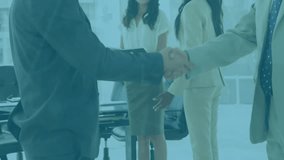 Animation of data processing over two caucasian businessmen shaking hands at office. Business data technology concept - Powered by Shutterstock - Get 15% off with code: PIKWIZARD15