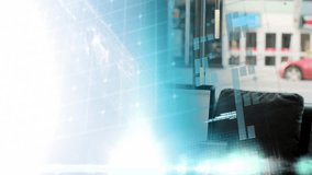 Animation of interface with data processing over rear view of businessman using laptop at a cafe. Computer interface and business technology concept - Powered by Shutterstock - Get 15% off with code: PIKWIZARD15