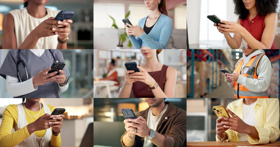Hands, collage and people with smartphone, internet and social media with communication. Business, men and women with cellphone, online reading and digital app for chatting, healthcare and logistics