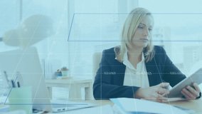 Animation of statistical data processing over caucasian businesswoman using digital tablet at office. Computer interface and business data technology concept - Powered by Shutterstock - Get 15% off with code: PIKWIZARD15